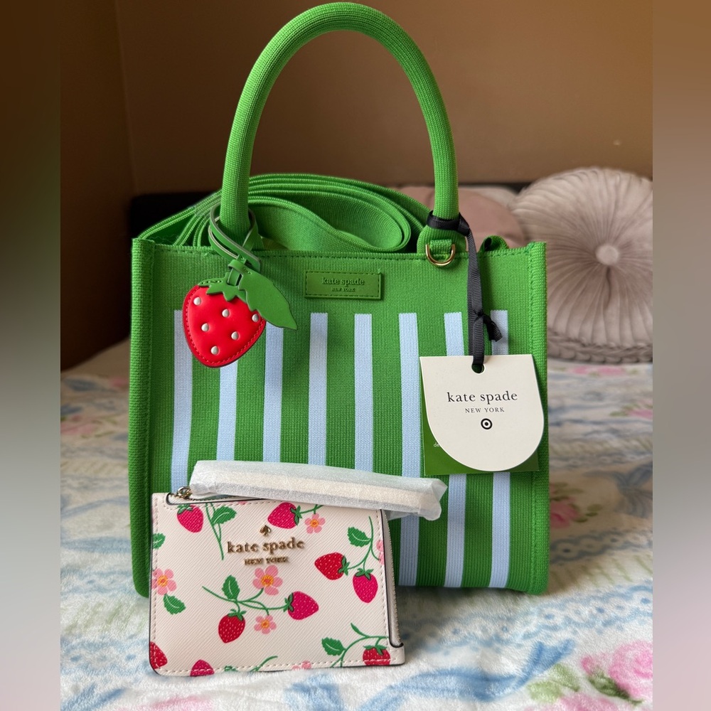 Kate Spade Green/White Striped Tote with Strawberry Charm and strawberry wallet